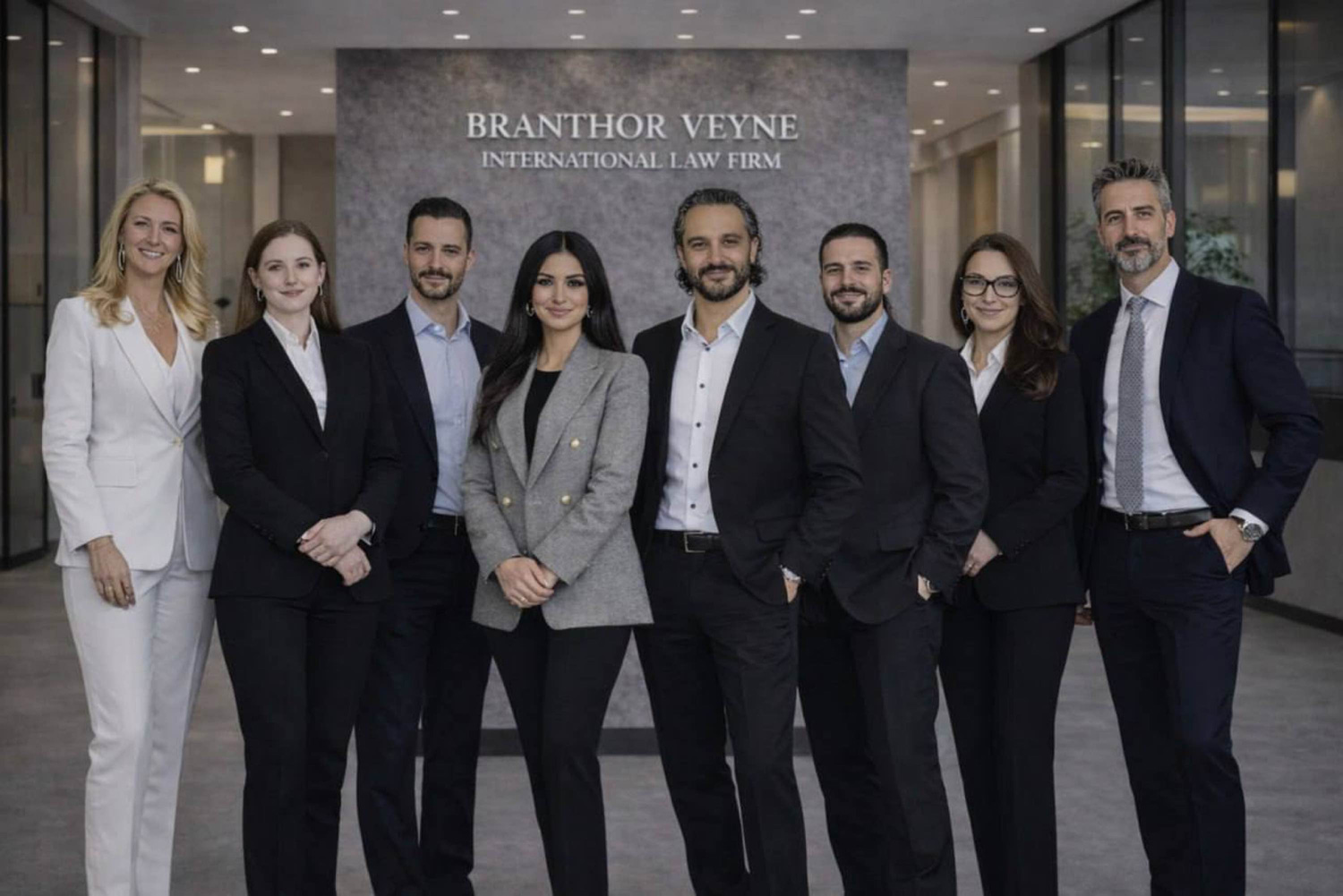 Group of lawyers standing together in a professional setting